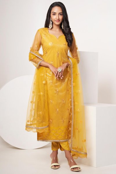 Yellow Net Embroidered Suit Set