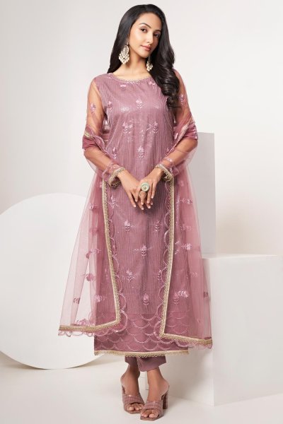 Dusty Pink Net Embroidered Suit Set