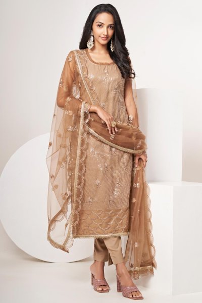 Brown Net Embroidered Suit Set
