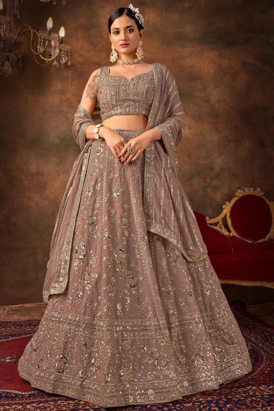 Dusty Brown Georgette Embroidered Lehenga Set