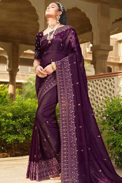 Plum Purple Luxurious Fabric Embroidered Saree