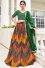 Dark Green & Multicolor Georgette Embroidered  Printed Lehenga Set With Belt