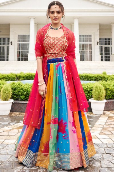 Red & Multicolor Georgette Embroidered  Printed Lehenga Set With Belt