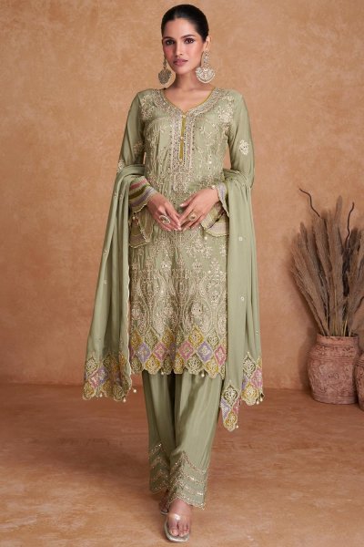 Pastel Green Chinon Silk Embroidered Suit Set