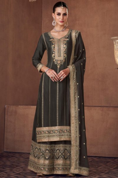 Deep Olive Chinon Silk Embroidered Sharara Suit Set