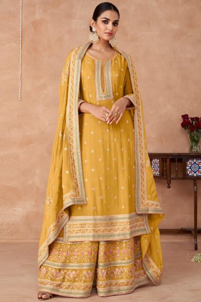 Yellow Chinon Embroidered Sharara Suit Set