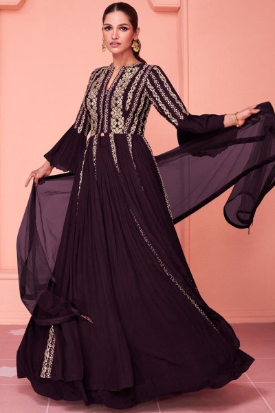 Plum Purple Embroidered Georgette Anarkali Suit With Skirt