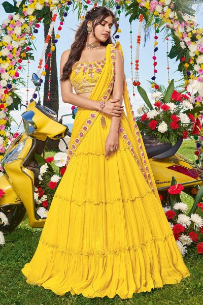 Yellow Georgette Embroidered Indo-Western Lehenga Set