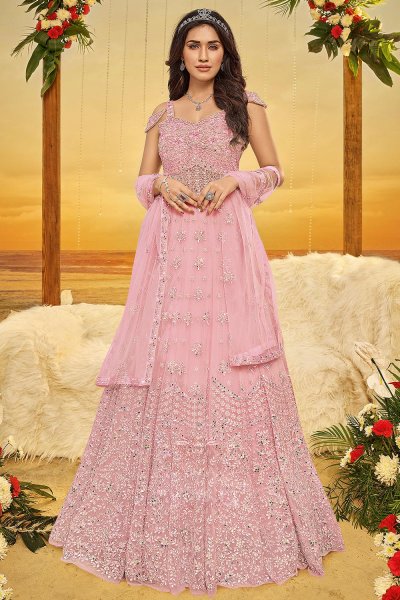Beautiful Baby Pink Net Embroidered Anarkali Dress