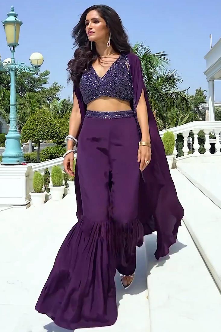 purple indo western dress for women Purple Indo-Western Party Dress with Gold Embroidery & Matching Dupatta