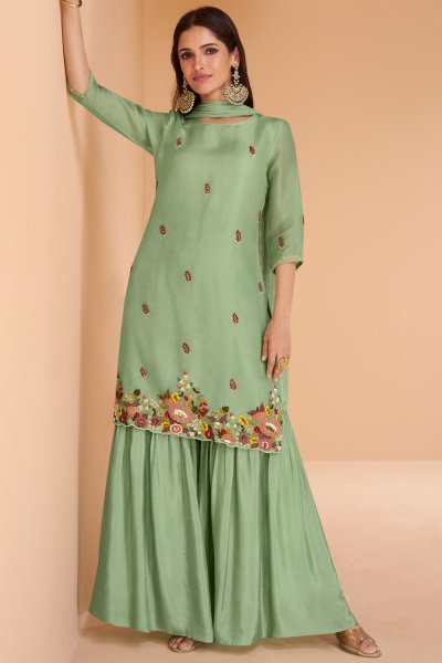 Mint Green Organza Silk Embroidered Sharara Kurta Set