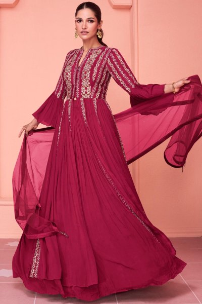 Fuchsia Pink Embroidered Georgette Anarkali Suit With Skirt