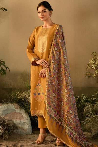 Mustard Yellow Banarasi Silk Meenakari Zari Weaved & Embroidered Kurta Set