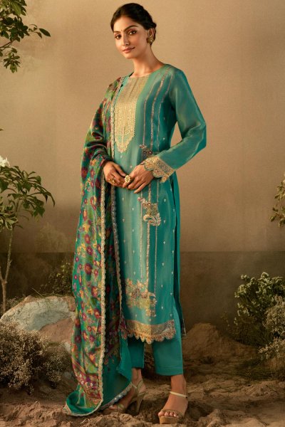 Turquoise Banarasi Silk Meenakari Zari Weaved & Embroidered Kurta Set