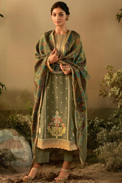 Olive Green  Banarasi Silk Meenakari Zari Weaved & Embroidered Kurta Set