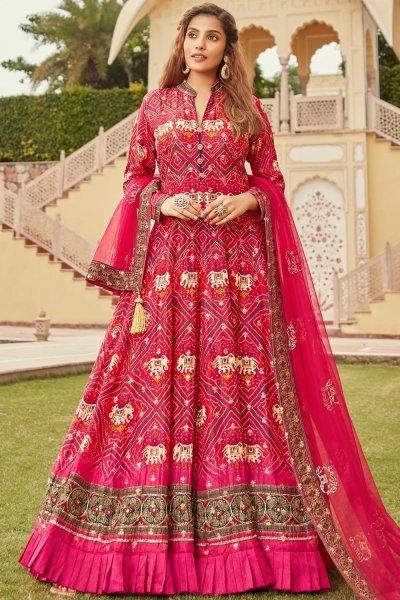 Red & Pink Silk Printed Anarkali Dress With Dupatta