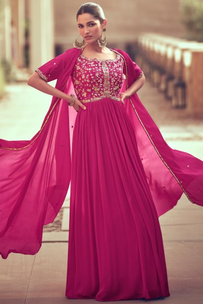 Pink Chinon Silk Embroidered Anarkali Dress With Cape