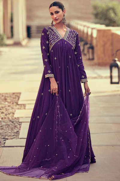 Purple Chinon Silk Embroidered Anarkali Dress