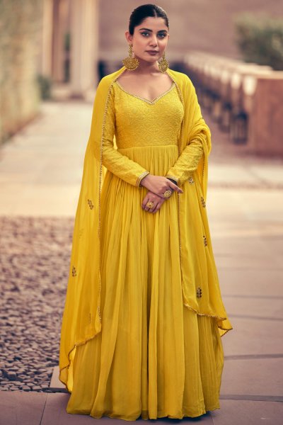 Yellow Georgette Embroidered Anarkali Dress