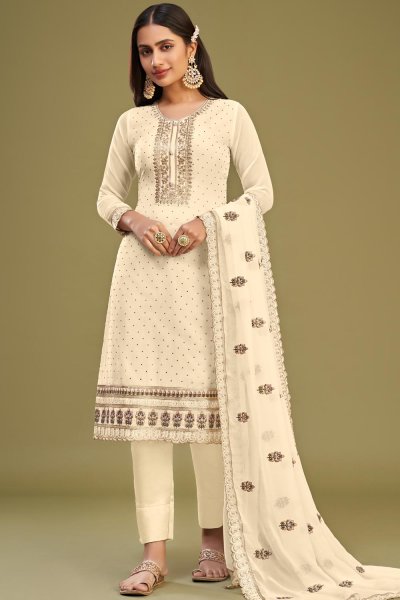 Cream Georgette Embroidered Kurta Set