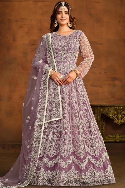Lilac Net Embroidered Anarkali Suit