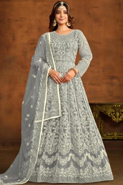 Grey Net Embroidered Anarkali Suit
