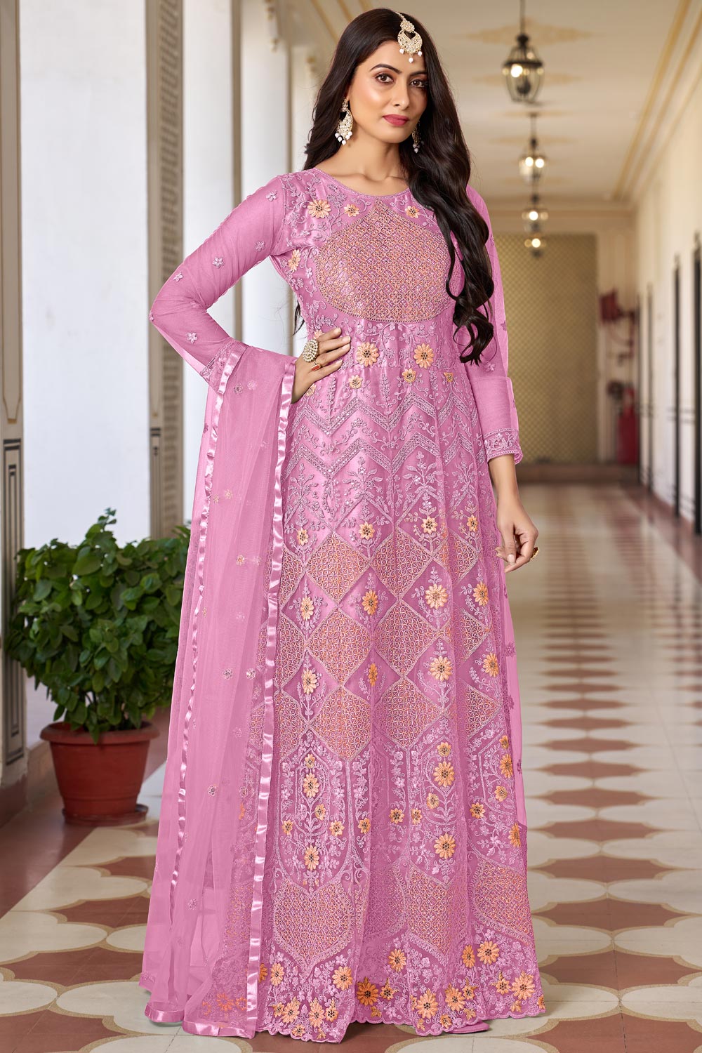 Cream & Pink Pure Cotton Floral Print Office Wear Anarkali Suit with Hand embroidery Work on Neck