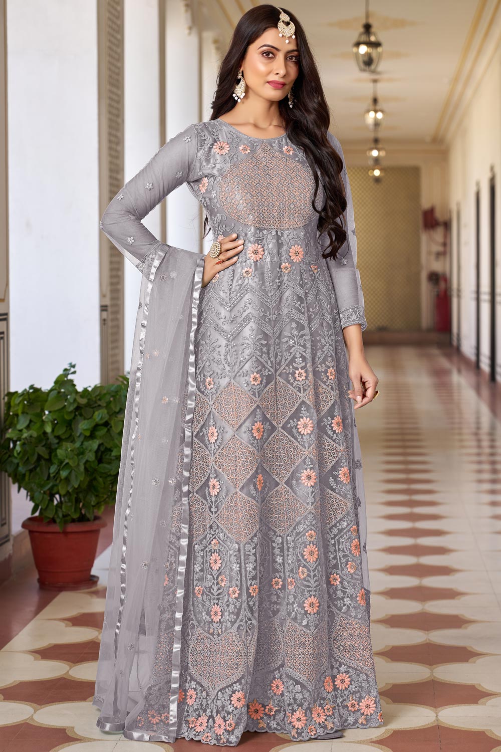 Beige Color Fancy Net Embroidered Anarkali Suit main image 1