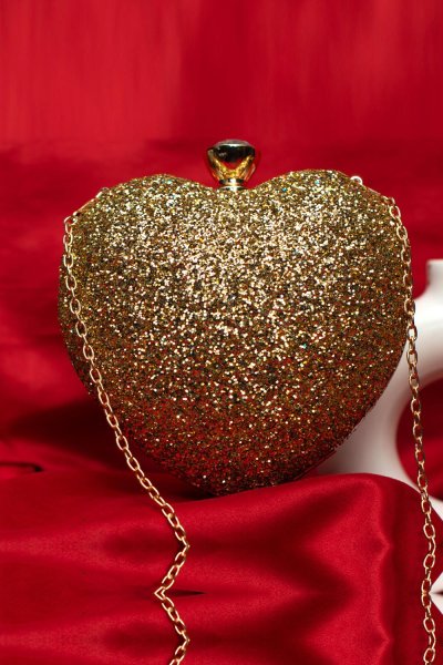 Golden Glitter Heart Shape Clutch