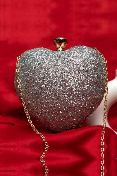 Silver Glitter Heart Shape Clutch