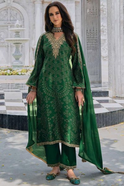 Dark Green Bandhani Print & Embroidered Cotton Silk Kurta Set