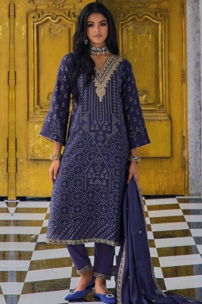 Navy Blue Bandhani Print & Embroidered Cotton Silk Kurta Set