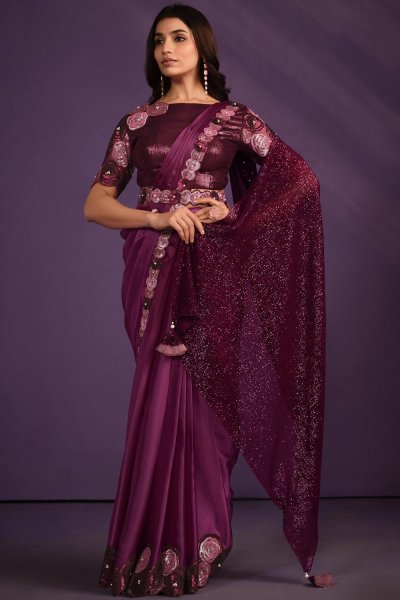 Pre-Draped Plum Crepe-Satin-Silk Designer Saree With Belt