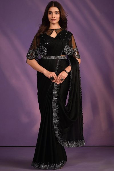 Pre-Draped Black Crepe-Satin-Silk Designer Saree With Cape & Belt