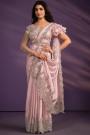 Pre-Draped Soft Pink Crepe-Satin-Silk Designer Saree With Belt