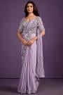 Pre-Draped Lavender Crepe-Satin-Silk Designer Saree With Belt