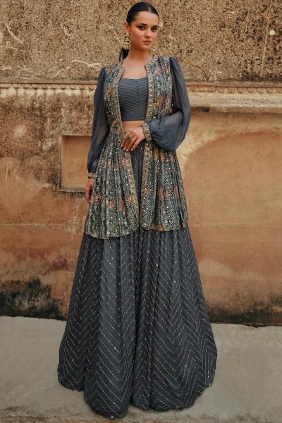 Grey Chinon Silk Embroidered Indo-Western Top & Skirt With Jacket