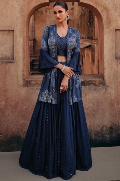 Navy Blue Chinon Silk Embroidered Top & Skirt With Jacket