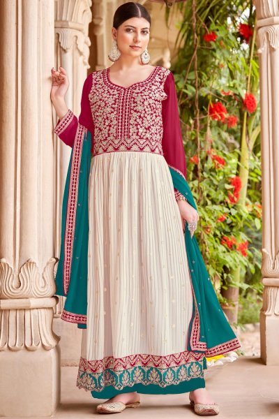 Ivory & Red Embroidered Georgette Anarkali Suit