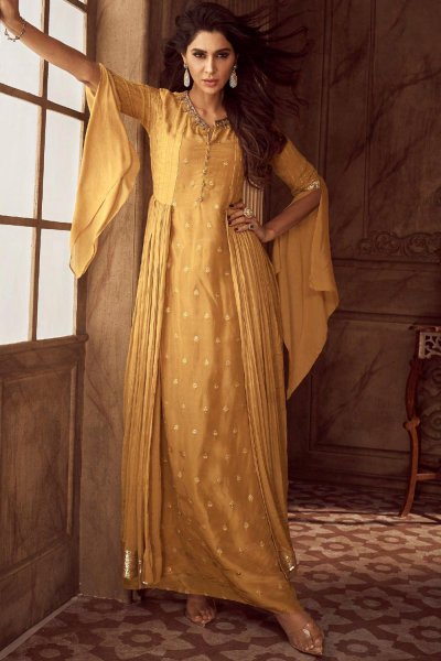 Mustard Georgette Embroidered Anarkali Suit