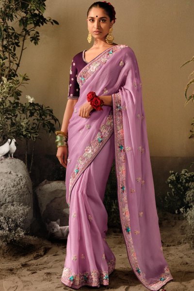 Lavender Silk Hand Embroidered Saree