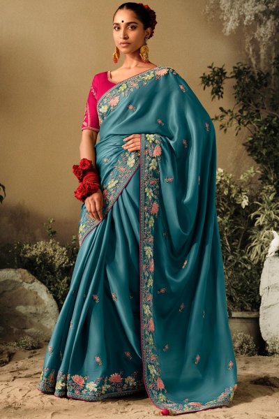 Prussian Blue Silk Hand Embroidered Saree