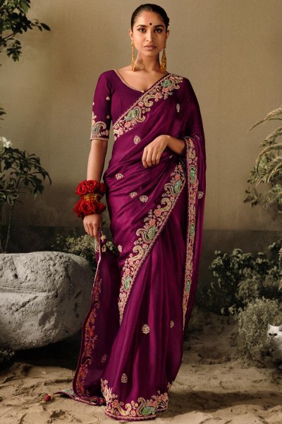 Plum Purple Silk Hand Embroidered Saree