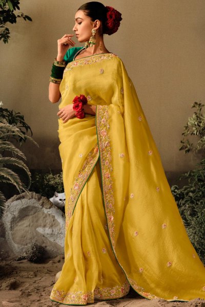 Yellow Silk Hand Embroidered Saree