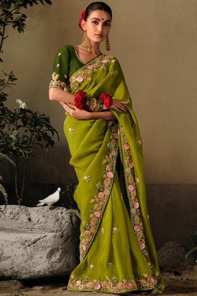 Fern Green Silk Hand Embroidered Saree