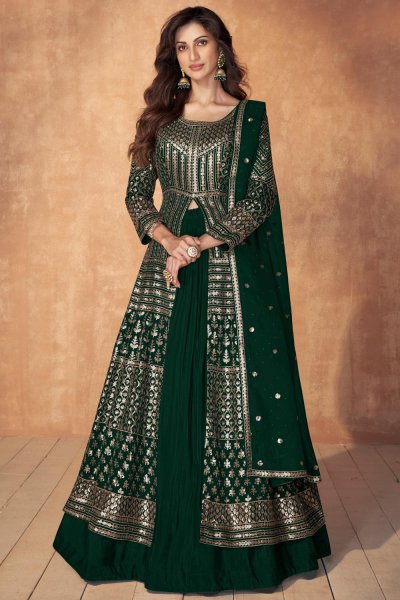 Bottle Green Georgette Embroidered Anarkali With Skirt