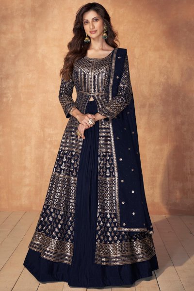 Navy Blue Georgette Embroidered Anarkali With Skirt