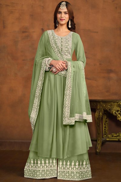 Pastel Green Georgette Embroidered Anarkali Set