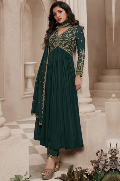 Bottle Green Chinon Silk Embroidered Anarkali Suit With Bottom & Dupatta