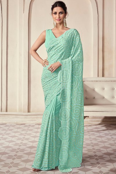 Mint Green Georgette Embroidered Saree